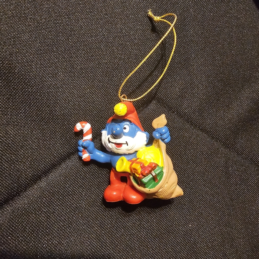 Vintage Smurf Christmas Ornament Papa Smurf with Candy Cane & Gift Sack  1980s‎